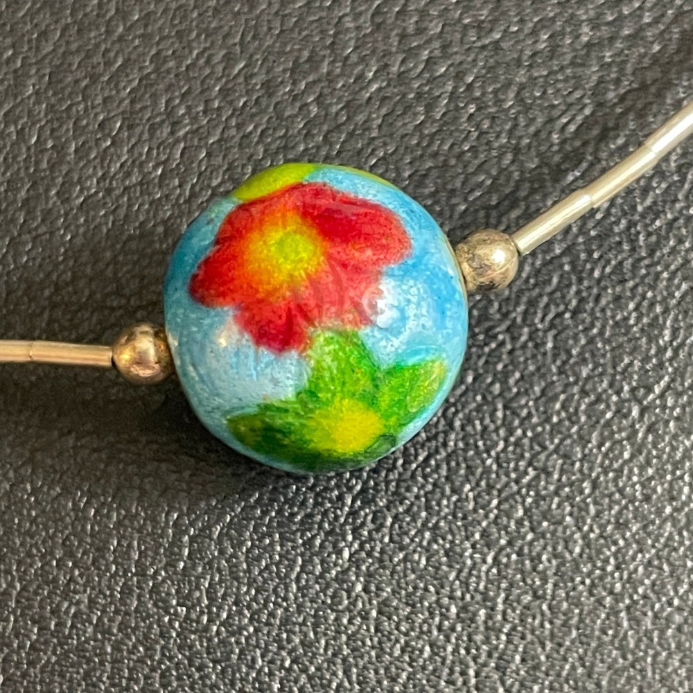 Vintage Liquid Silver Necklace Hand Painted Floral Bead 18 Inch Boho